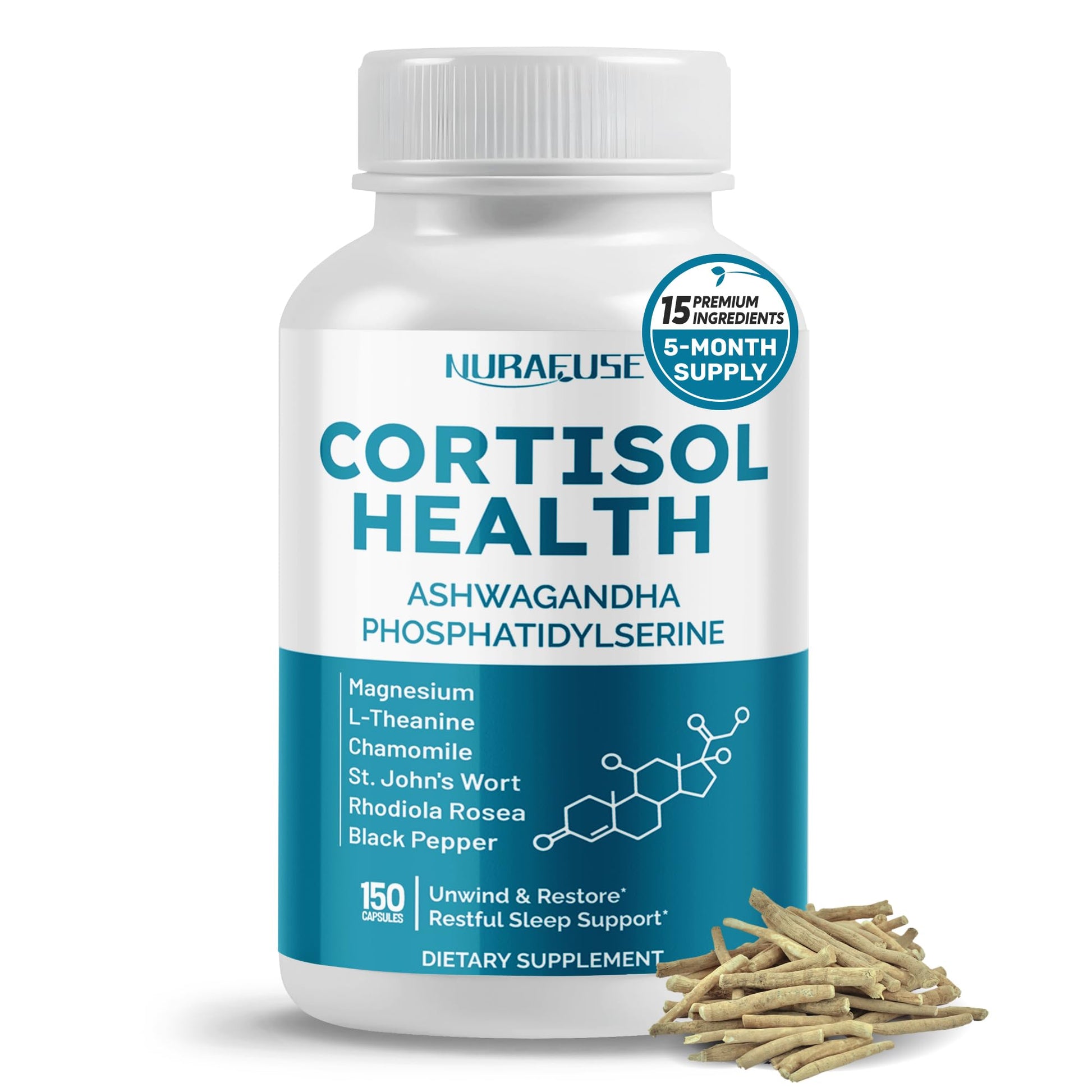 NURAFUSE CORTISOL Health Ashwagandha 15-in-1 Supplement with Magnesium Phosphatidylserine L-Theanine Chamomile Rhodiola Rosea Licorice Holy Basil - Maple Wellness Supplements