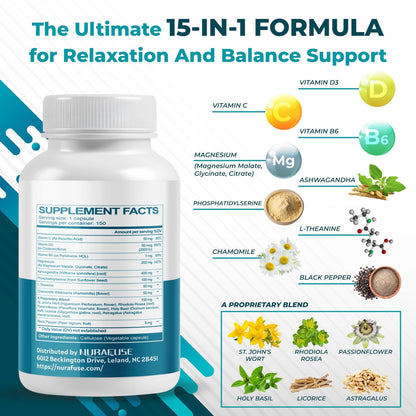NURAFUSE CORTISOL Health Ashwagandha 15-in-1 Supplement with Magnesium Phosphatidylserine L-Theanine Chamomile Rhodiola Rosea Licorice Holy Basil - Maple Wellness Supplements