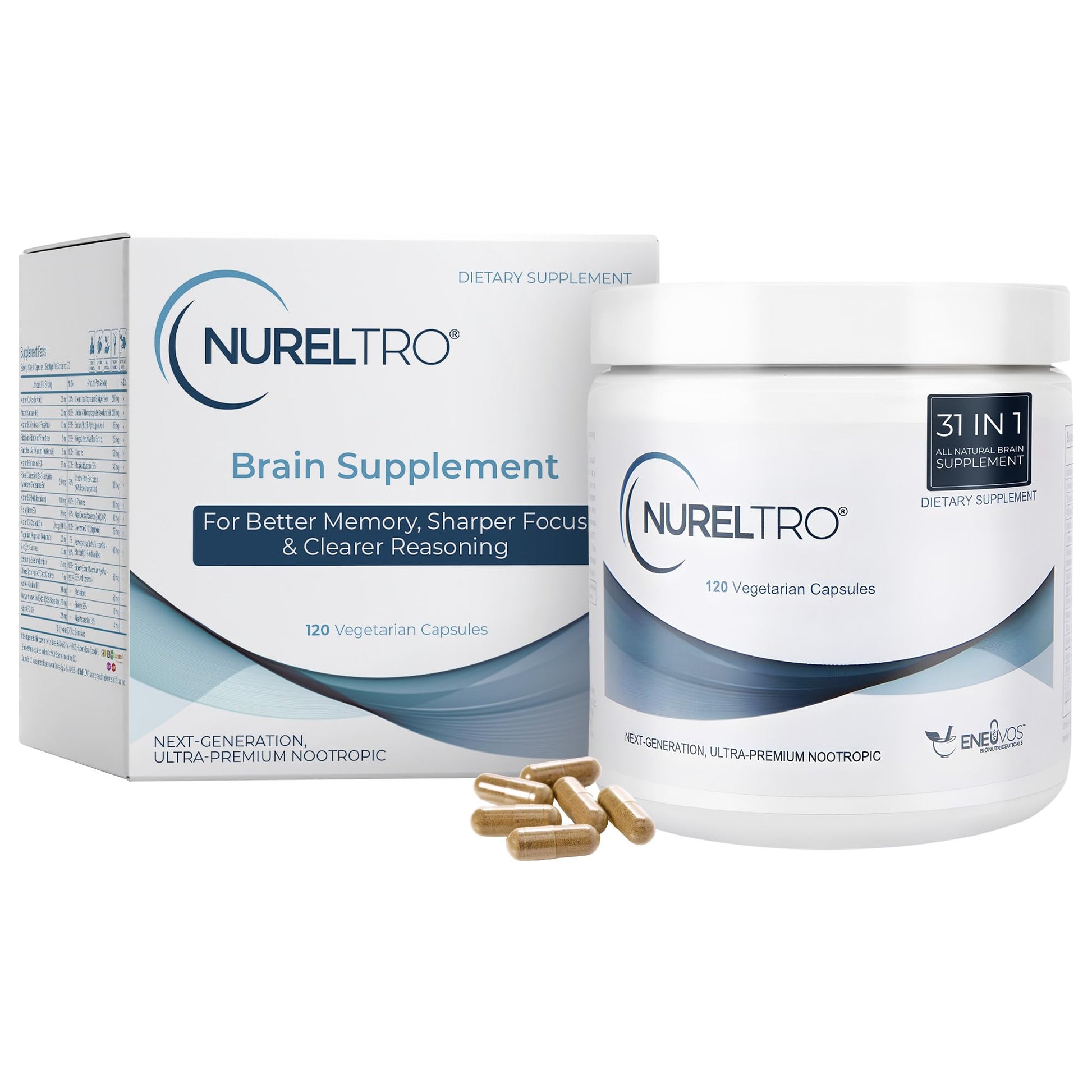 Nureltro All-in-One Nootropic Brain Supplement for Adults and Seniors w/Shoden® Ashwagandha | Supports Memory, Focus, Mood, Mental Clarity, and Brain Health - Caffeine-Free (120 Capsules) - Maple Wellness Supplements