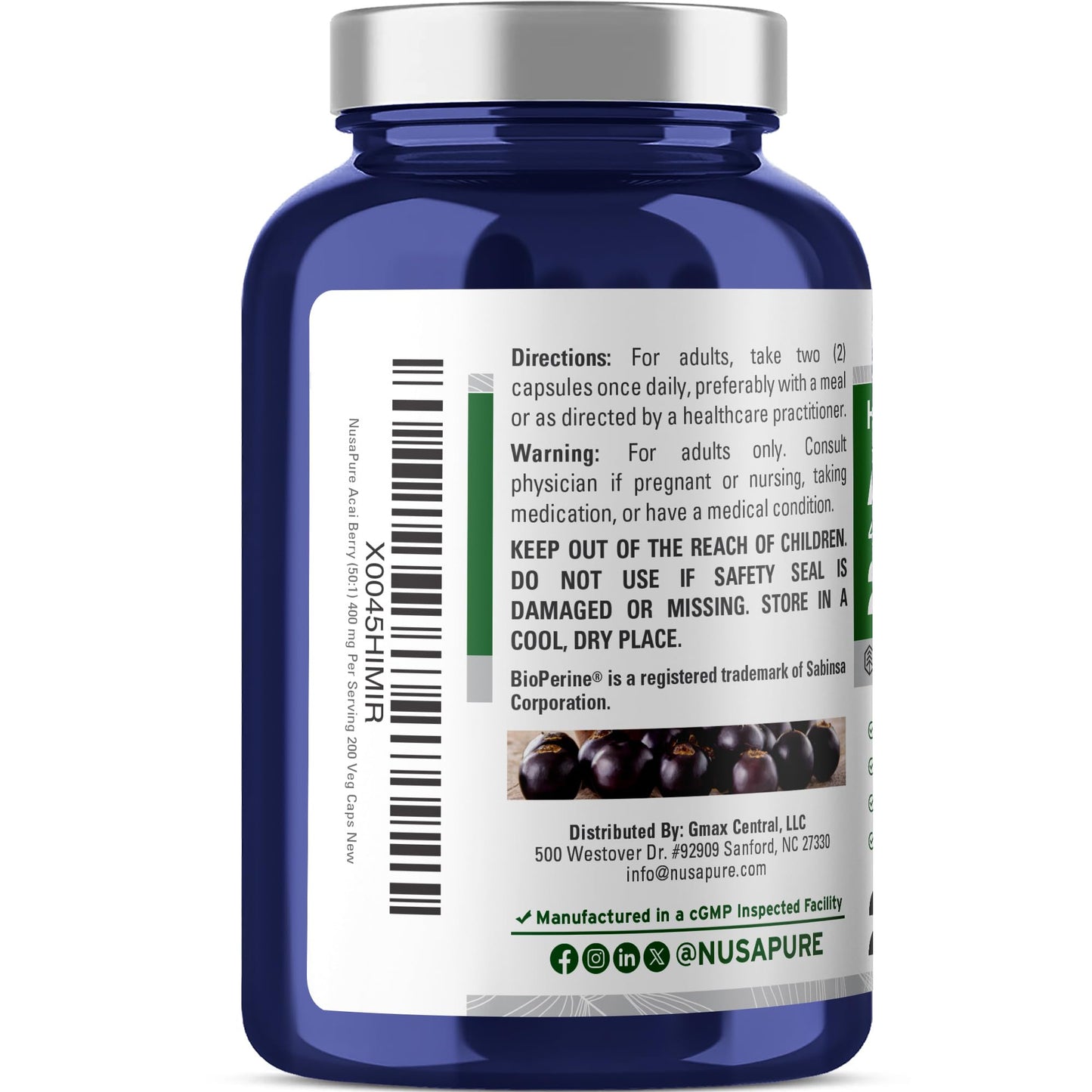 NusaPure Acai Berry 50:1 Extract - Suitable for Vegetarian/Vegan, Non - GMO - 20000 mg - 200 Capsules - Maple Wellness Supplements