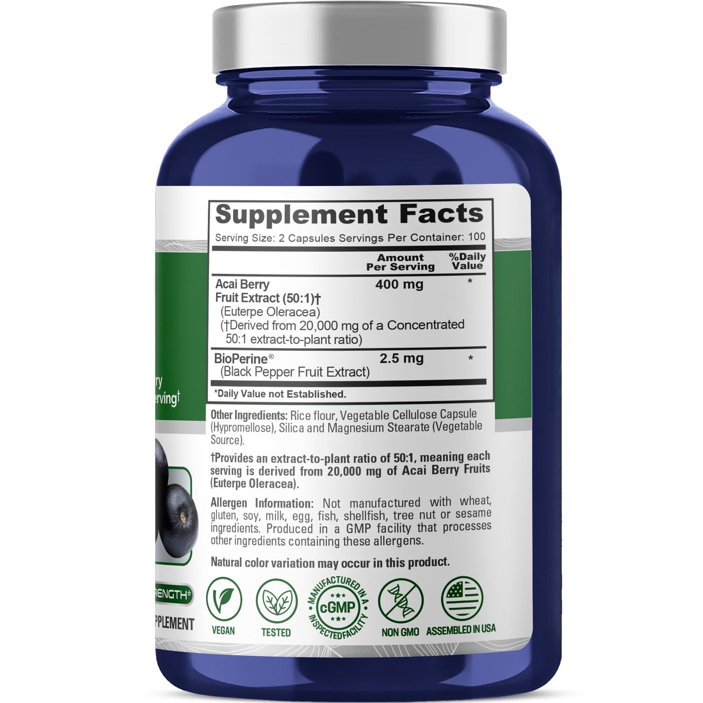 NusaPure Acai Berry 50:1 Extract - Suitable for Vegetarian/Vegan, Non - GMO - 20000 mg - 200 Capsules - Maple Wellness Supplements