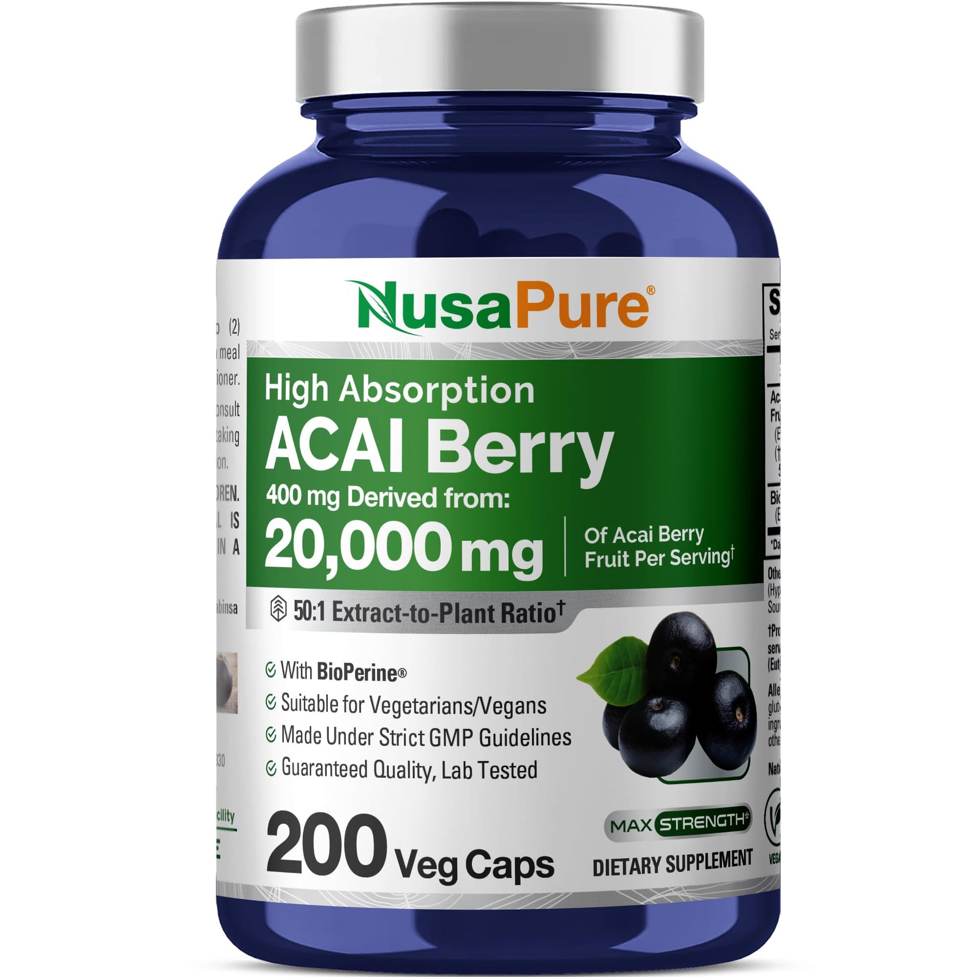 NusaPure Acai Berry 50:1 Extract - Suitable for Vegetarian/Vegan, Non - GMO - 20000 mg - 200 Capsules - Maple Wellness Supplements