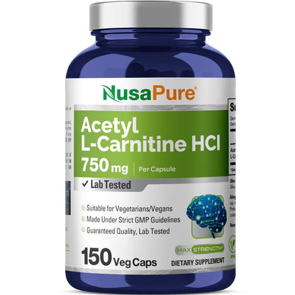 NusaPure Acetyl L-Carnitine 750mg per Caps 150 Veggie Capsules (Non-GMO, Vegan) High Potency Acetyl L Carnitine HCL (ALCAR) - Maple Wellness Supplements