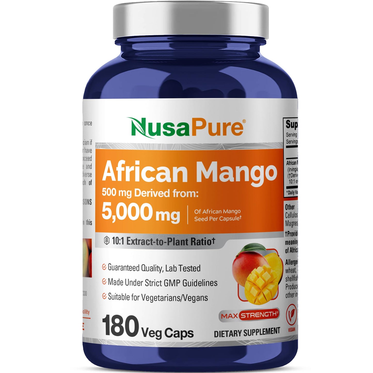 NusaPure African Mango 10:1 Extract, 500 mg Equivalent to 5,000 mg per Veggie Caps 180 Capsules (Non-GMO, Vegan) - Maple Wellness Supplements