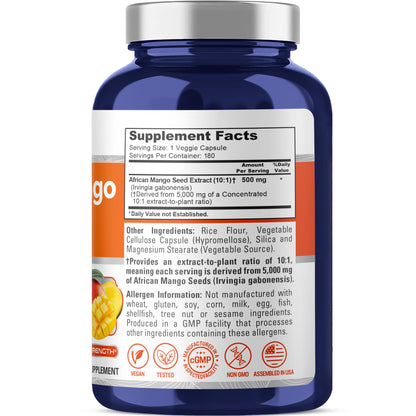 NusaPure African Mango 10:1 Extract, 500 mg Equivalent to 5,000 mg per Veggie Caps 180 Capsules (Non-GMO, Vegan) - Maple Wellness Supplements