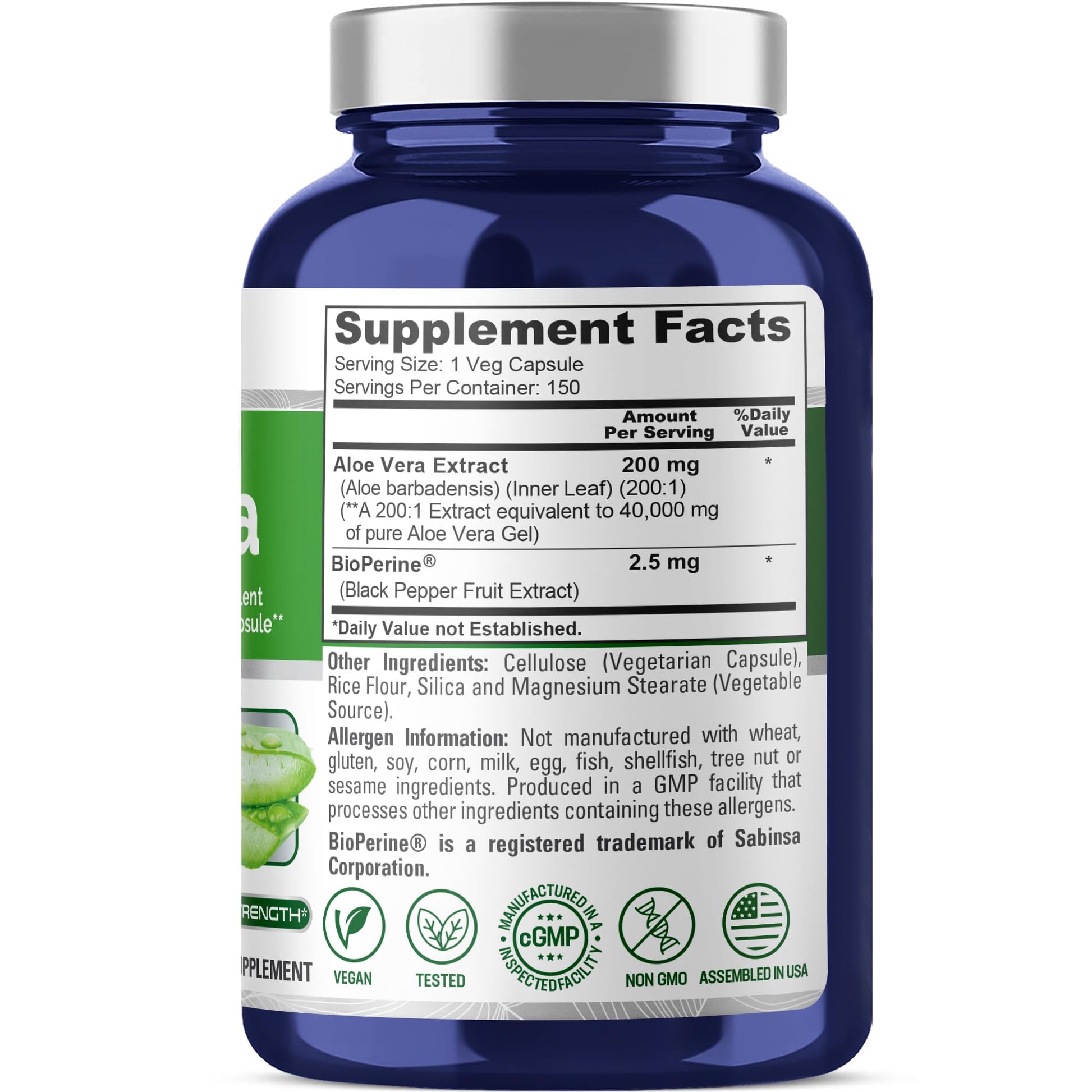 NusaPure Aloe Vera 40,000mg Per Veggie Caps - 150 Count - Aloe Vera Gel Supplement - Extract 200:1, Vegetarian, Non-GMO, Bioperine - Maple Wellness Supplements
