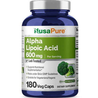 NusaPure Alpha Lipoic Acid 600 mg per Serving 180 Veggie Capsules (Vegetarian, Non-GMO, Vegan) - Maple Wellness Supplements