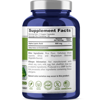 NusaPure Alpha Lipoic Acid 600 mg per Serving 180 Veggie Capsules (Vegetarian, Non-GMO, Vegan) - Maple Wellness Supplements