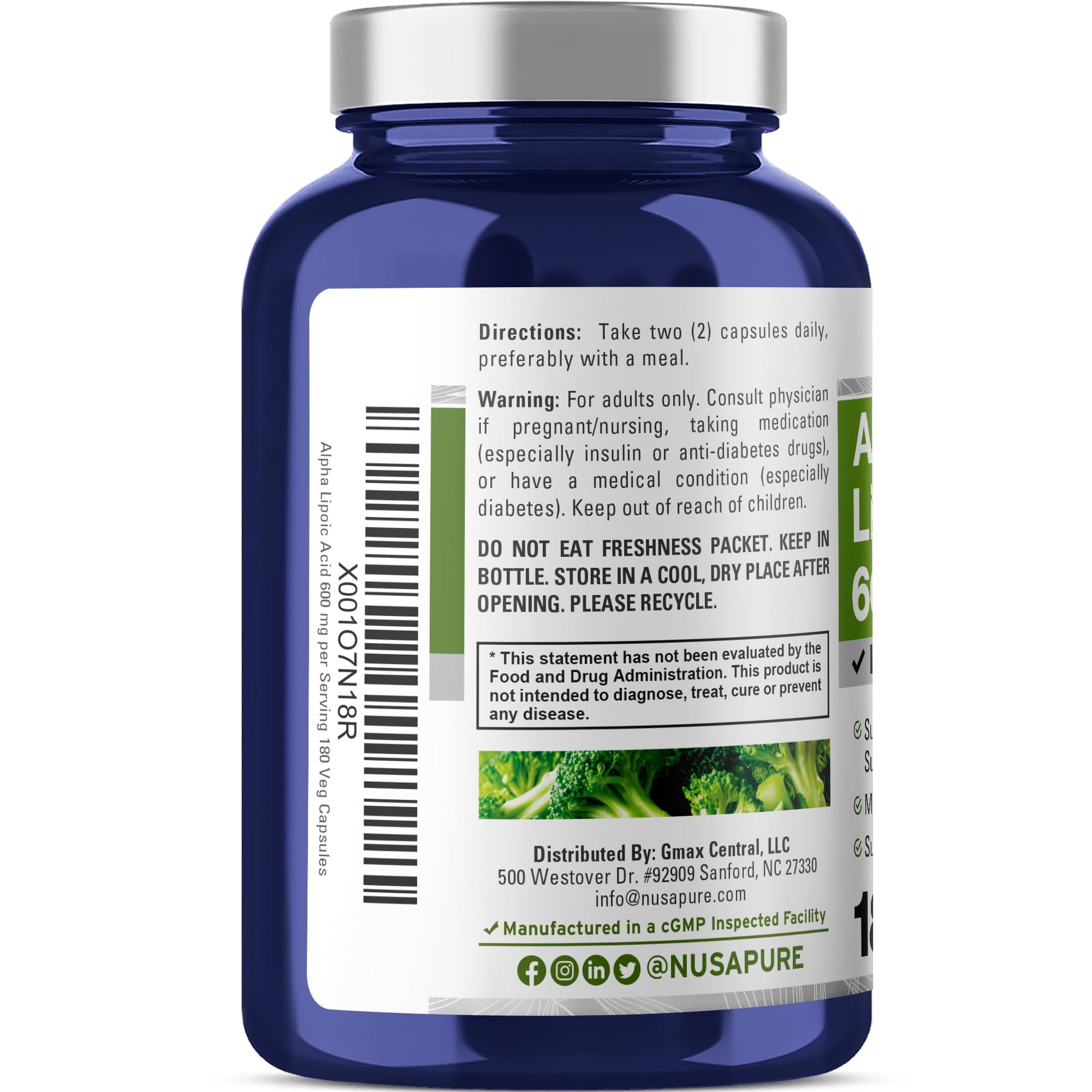 NusaPure Alpha Lipoic Acid 600 mg per Serving 180 Veggie Capsules (Vegetarian, Non-GMO, Vegan) - Maple Wellness Supplements