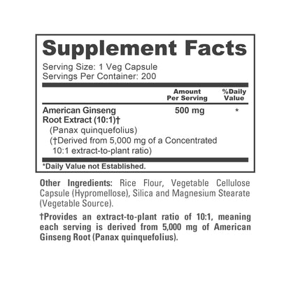 NusaPure American Ginseng 10:1 Extract, 500 mg Equivalent to 5000mg - 200 Veggie Capsules (Vegetarian, Non-GMO, Vegan) - Maple Wellness Supplements