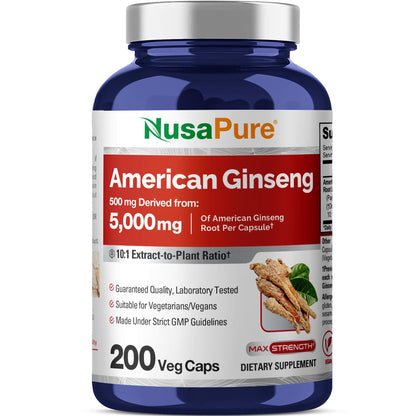 NusaPure American Ginseng 10:1 Extract, 500 mg Equivalent to 5000mg - 200 Veggie Capsules (Vegetarian, Non-GMO, Vegan) - Maple Wellness Supplements