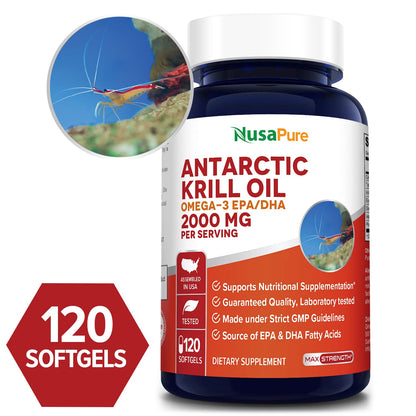 NusaPure Antarctic Krill Oil 2000 mg 120 Softgels, Omega-3 EPA 360mg, DHA 240mg - Maple Wellness Supplements