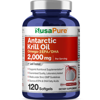 NusaPure Antarctic Krill Oil 2000 mg 120 Softgels, Omega-3 EPA 360mg, DHA 240mg, Soyfree Astaxanthin Supplement Sourced from Krill 800ppm - Maple Wellness Supplements