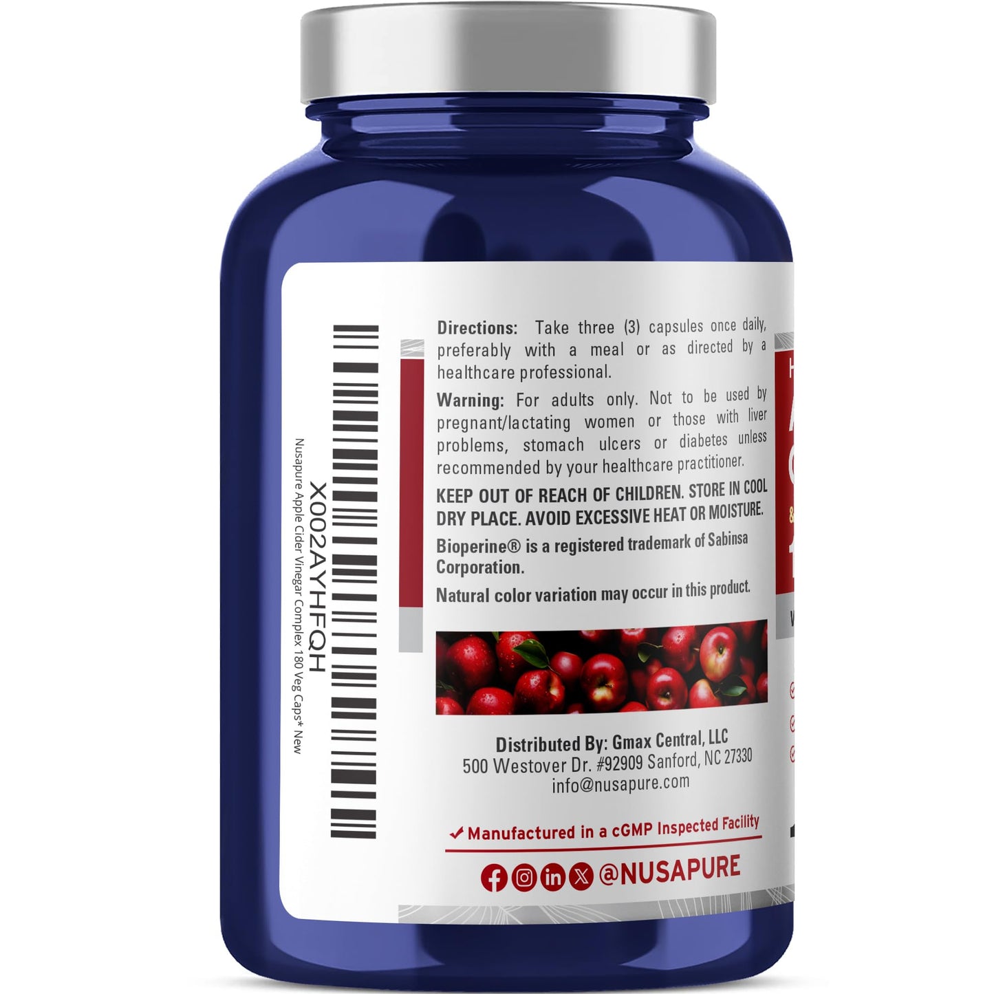 NusaPure Apple Cider Vinegar Complex 1500 mg 180 Veg Caps Suitable for Vegetarians and Vegans, Non-GMO - Maple Wellness Supplements