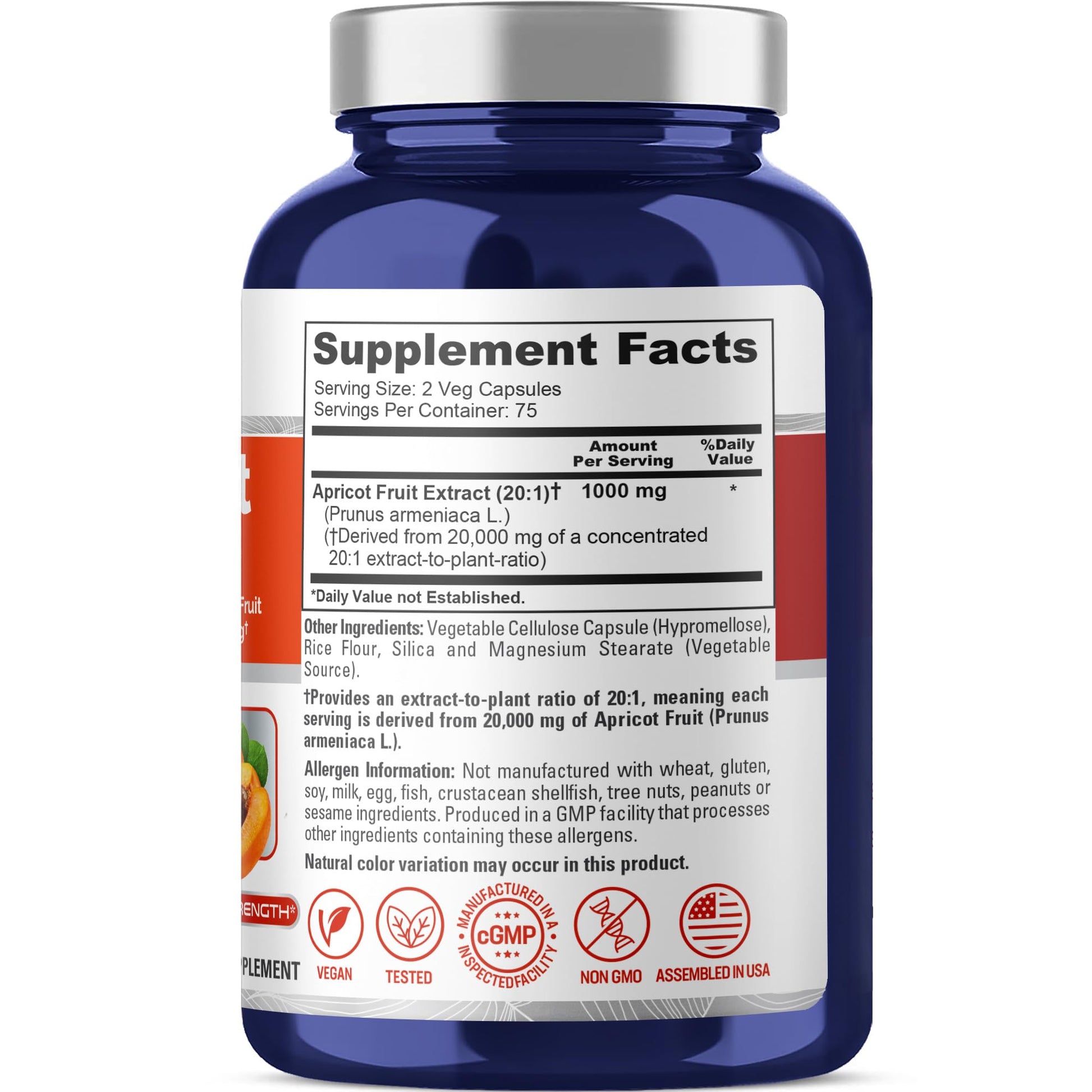 NusaPure Apricot 20:1 Extract, 1000 mg Equivalent to 20,000mg 150 Veggie Capsules (Vegan, Non-GMO) - Maple Wellness Supplements
