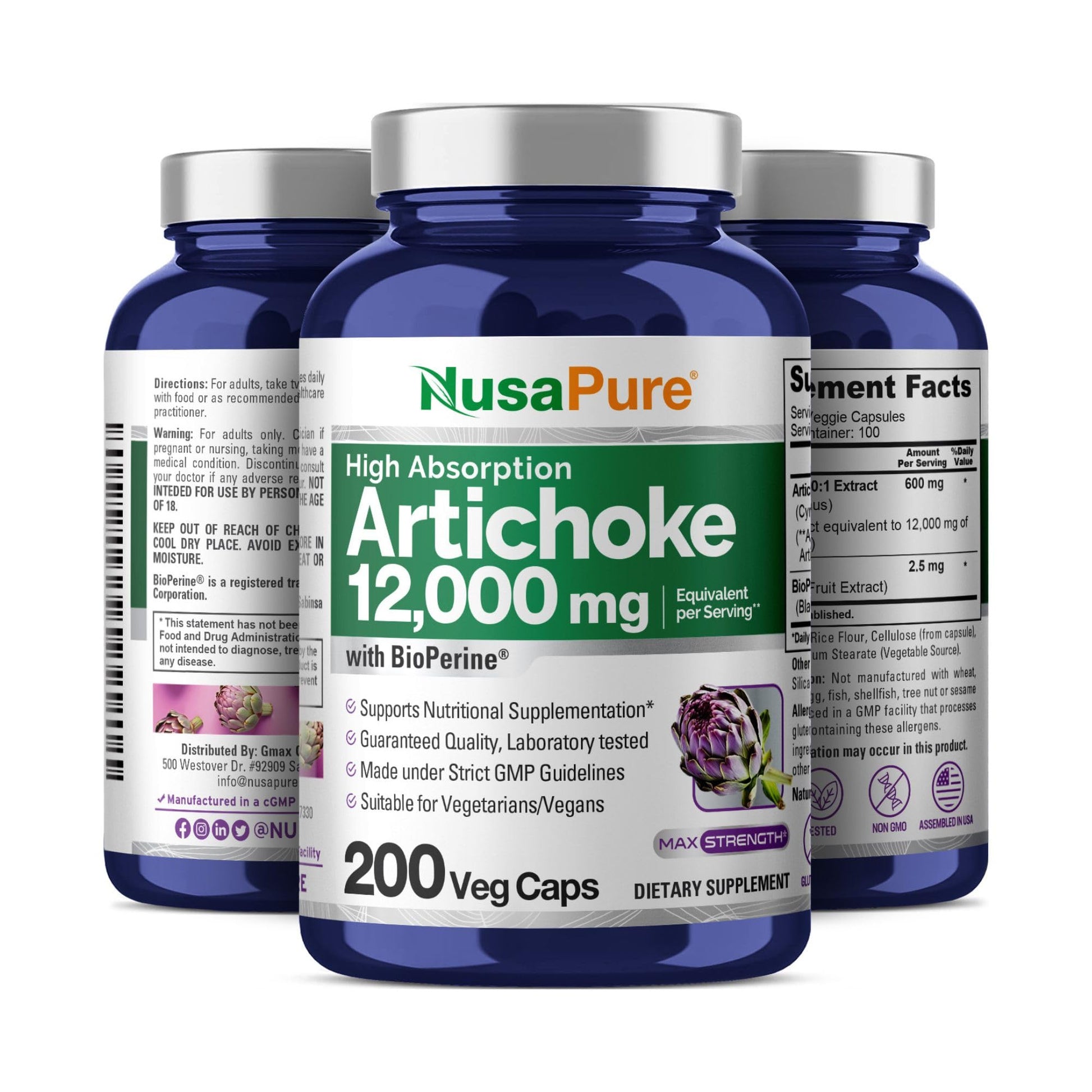 NusaPure Artichoke 20:1 Extract, 600 mg Equivalent to 12,000mg 200 Veggie caps (Non-GMO, Gluten Free) - Maple Wellness Supplements