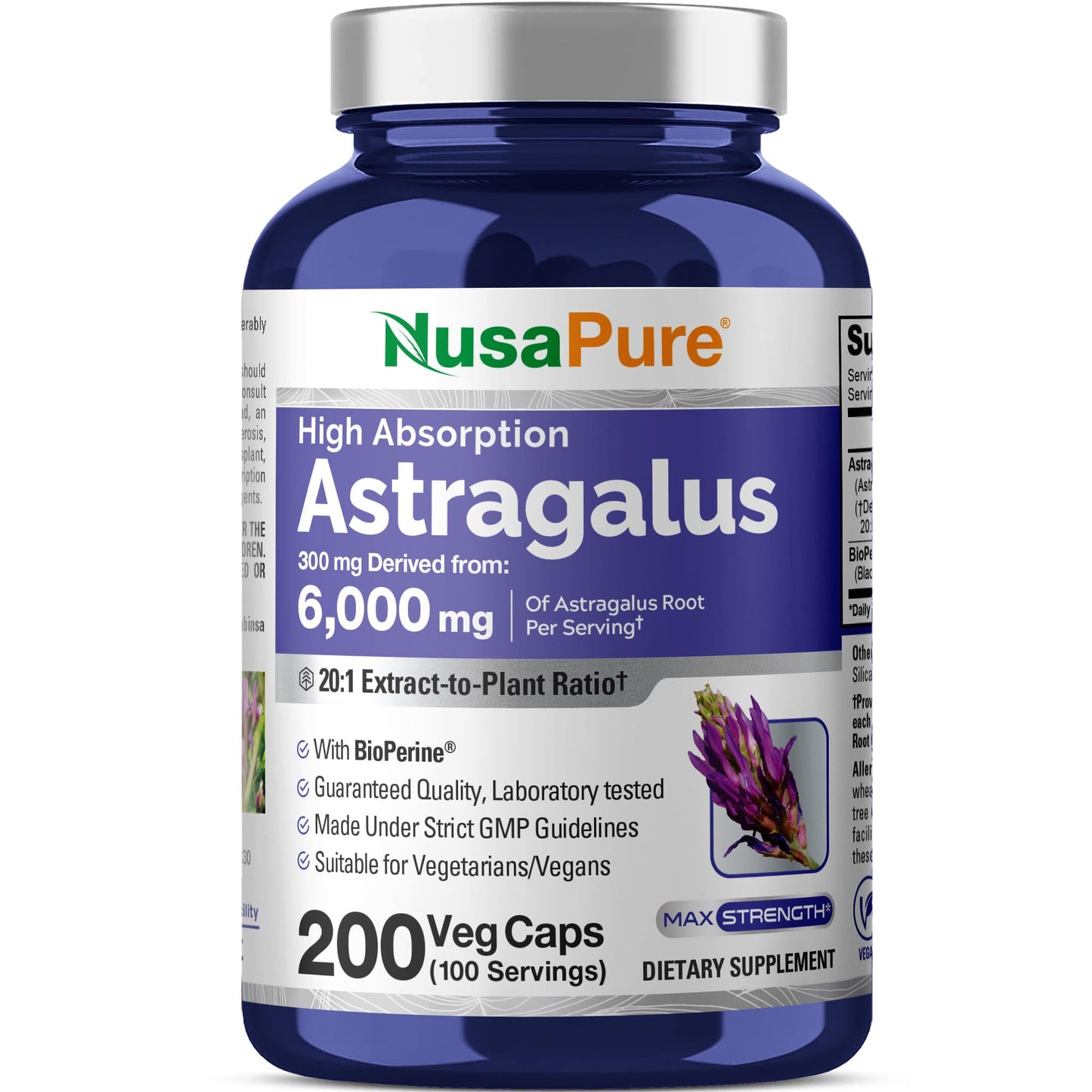 NusaPure Astragalus 20:1 Extract, 300 mg Equivalent to 6,000mg Per Serving, 200 Veggie Capsules, Vegan, Non-GMO & Bioperine - Maple Wellness Supplements