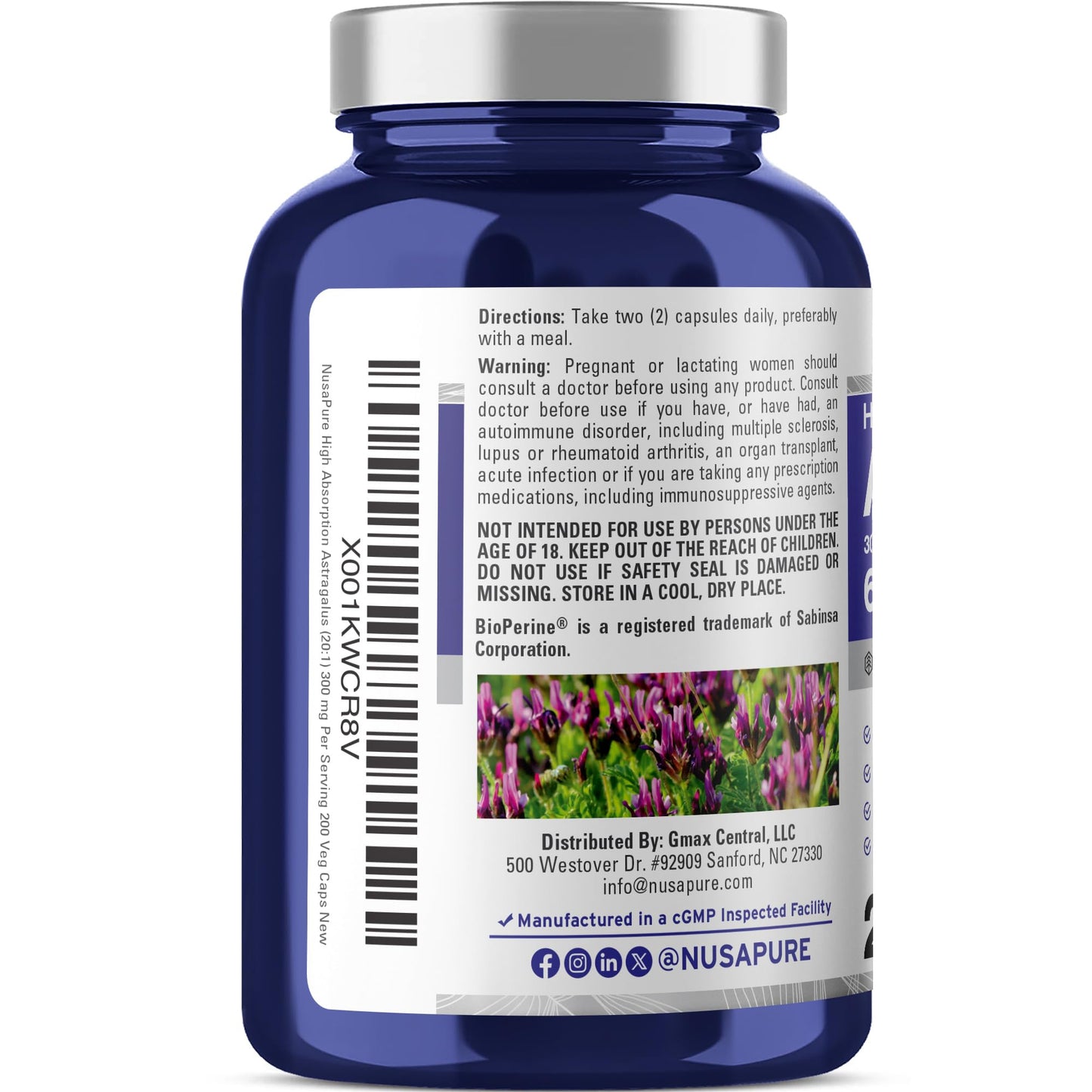 NusaPure Astragalus 20:1 Extract, 300 mg Equivalent to 6,000mg Per Serving, 200 Veggie Capsules, Vegan, Non-GMO & Bioperine - Maple Wellness Supplements