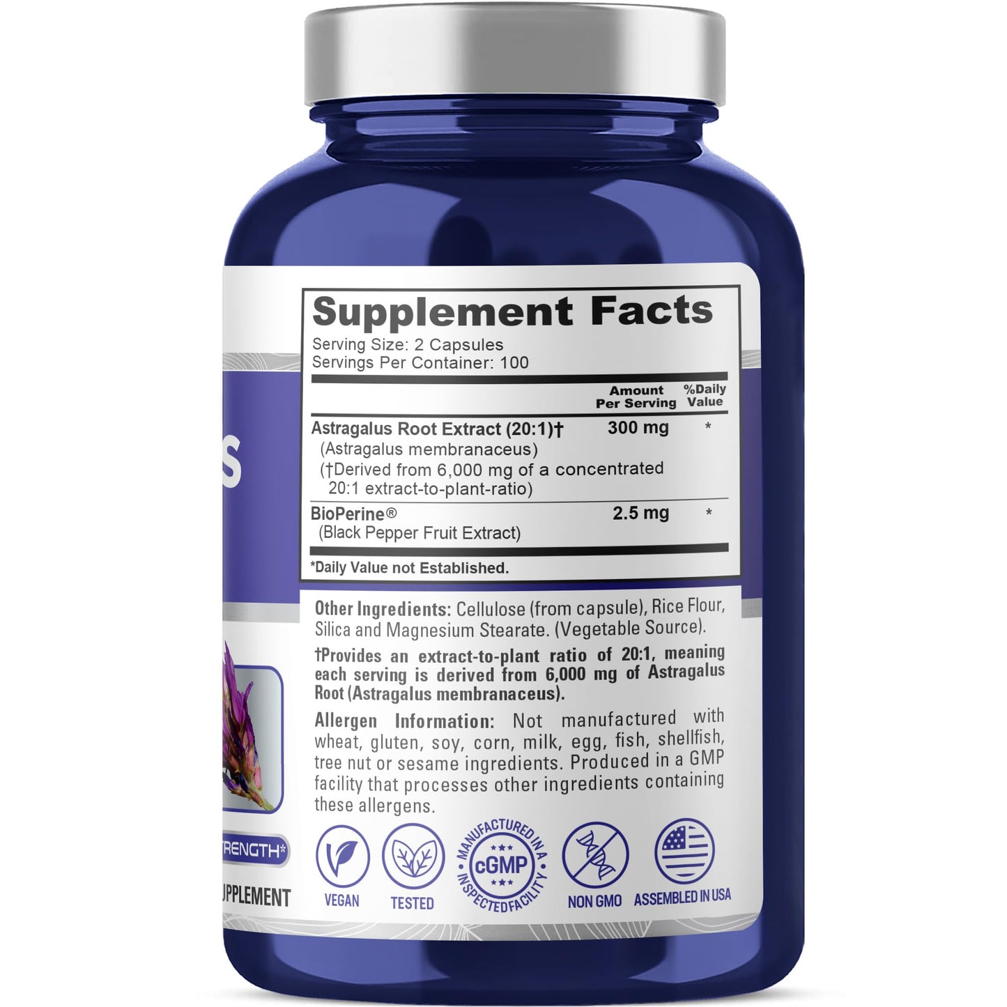 NusaPure Astragalus 20:1 Extract, 300 mg Equivalent to 6,000mg Per Serving, 200 Veggie Capsules, Vegan, Non-GMO & Bioperine - Maple Wellness Supplements