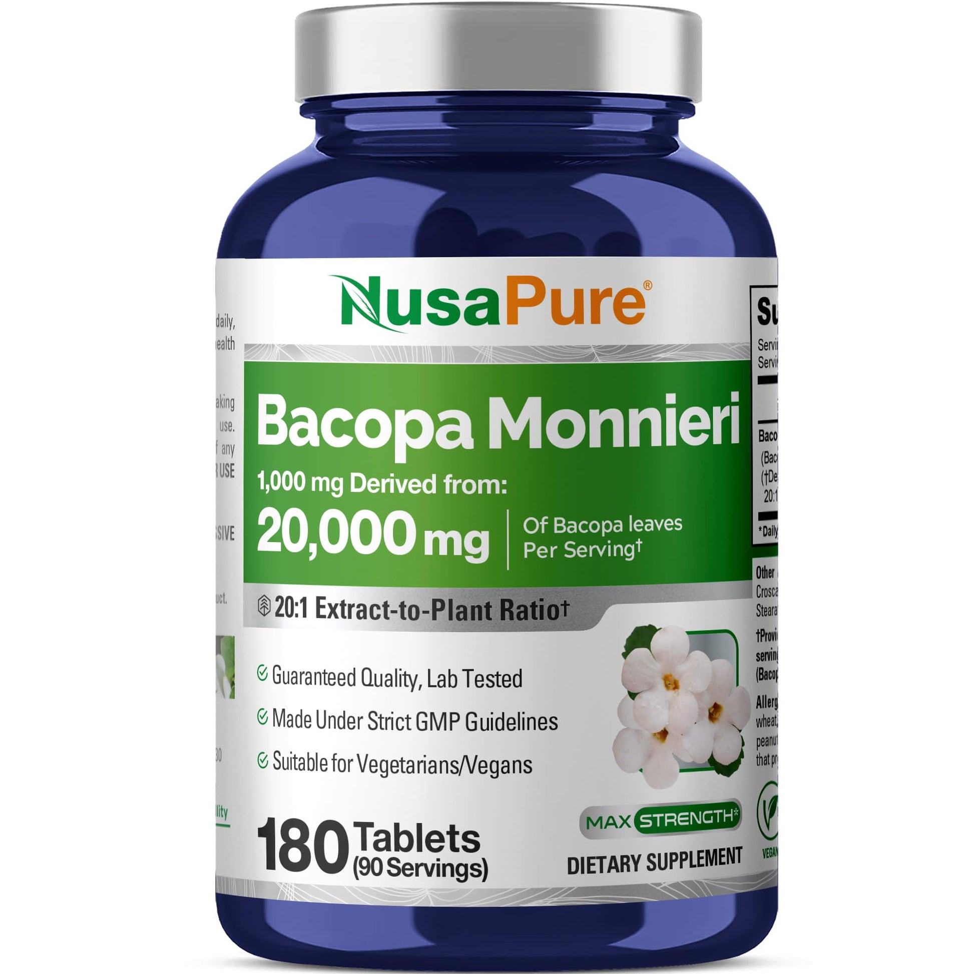 NusaPure Bacopa Leaf Monnieri Extract 20,000 mg 180 Tablets (Extract 20:1, Non-GMO, Gluten Free & Vegan) - Maple Wellness Supplements