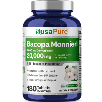 NusaPure Bacopa Leaf Monnieri Extract 20,000 mg 180 Tablets (Extract 20:1, Non-GMO, Gluten Free & Vegan) - Maple Wellness Supplements