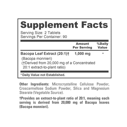 NusaPure Bacopa Leaf Monnieri Extract 20,000 mg 180 Tablets (Extract 20:1, Non-GMO, Gluten Free & Vegan) - Maple Wellness Supplements