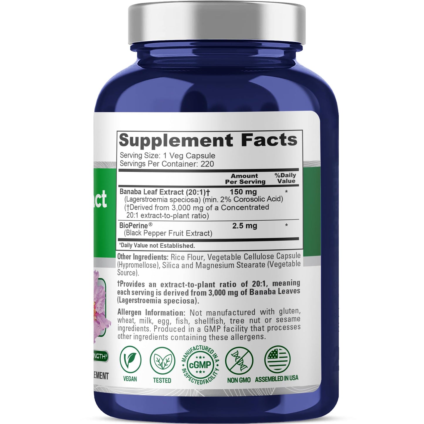 NusaPure Banaba Leaf 20:1 Extract, 150 mg Equivalent to 3,000mg Veg Caps, 220 Days Supply (Non-GMO & Vegan) 2% Corosolic Acid - Maple Wellness Supplements
