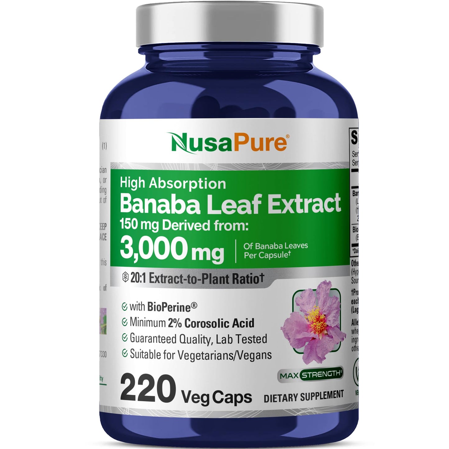 NusaPure Banaba Leaf 20:1 Extract, 150 mg Equivalent to 3,000mg Veg Caps, 220 Days Supply (Non-GMO & Vegan) 2% Corosolic Acid - Maple Wellness Supplements