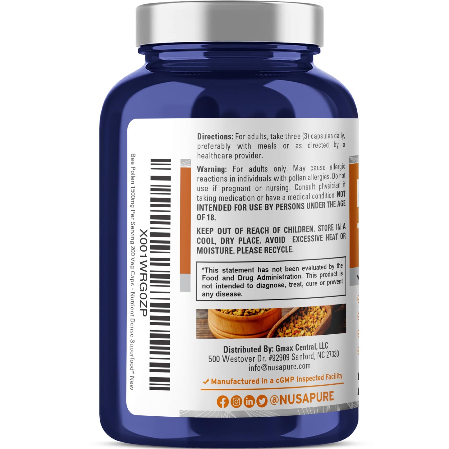 NusaPure Bee Pollen 1500mg 200 Veggie Caps (100% Vegetarian, Non-GMO, Vegan) Naturally Occurring Proteins, Aminoacids - Maple Wellness Supplements