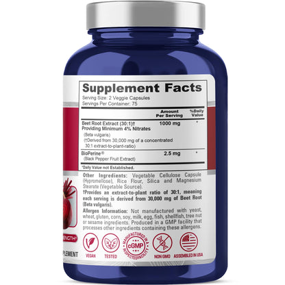 NusaPure Beet Root 30:1 Extract, 1000 mg Equivalent to 30,000 mg 150 Veggie caps (Vegan, Non-GMO & Vegan 4% Nitrates) Bioperine - Maple Wellness Supplements