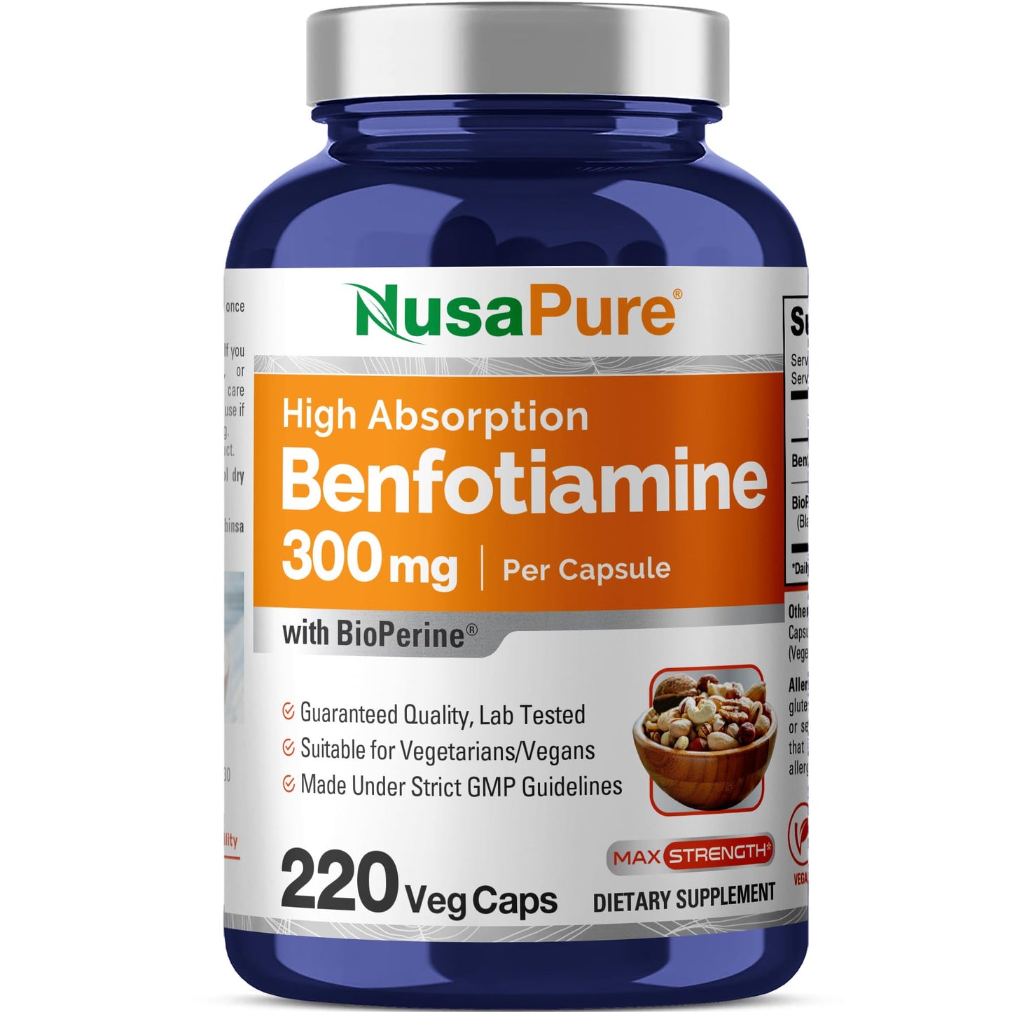 NusaPure Benfotiamine 300mg Per Veggie Caps 220 Count (Non-GMO, Vegan) Bioperine - Maple Wellness Supplements