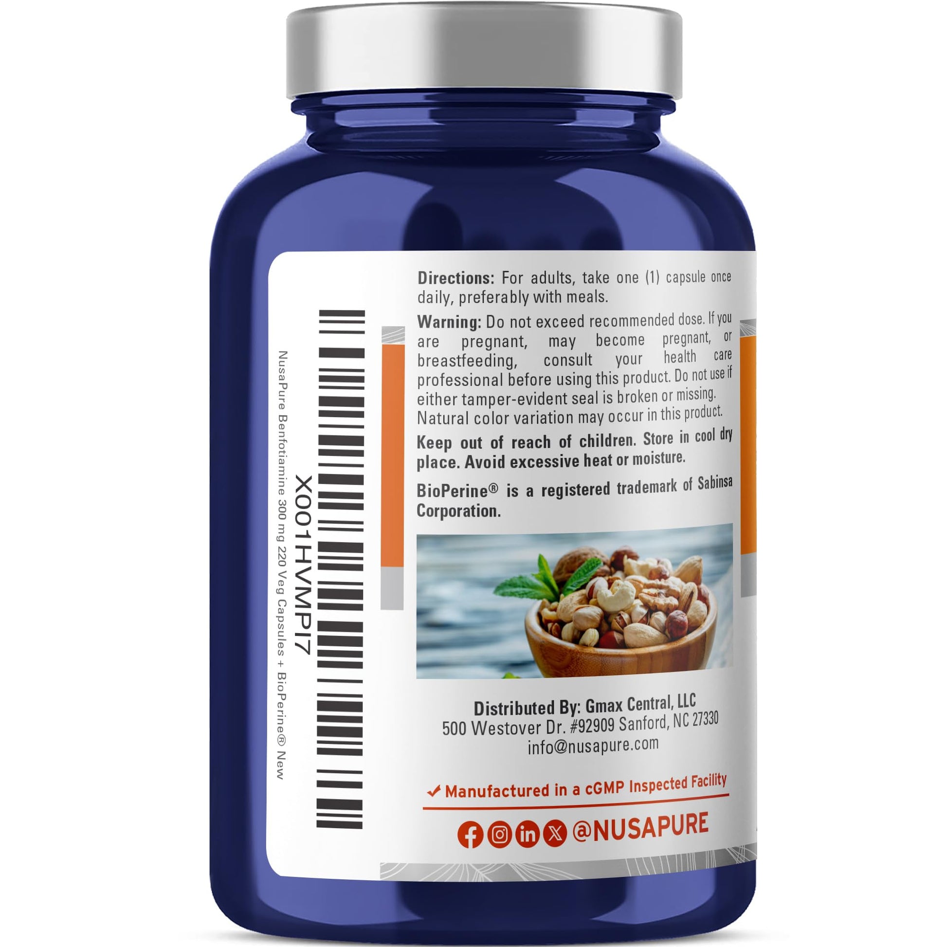 NusaPure Benfotiamine 300mg Per Veggie Caps 220 Count (Non-GMO, Vegan) Bioperine - Maple Wellness Supplements