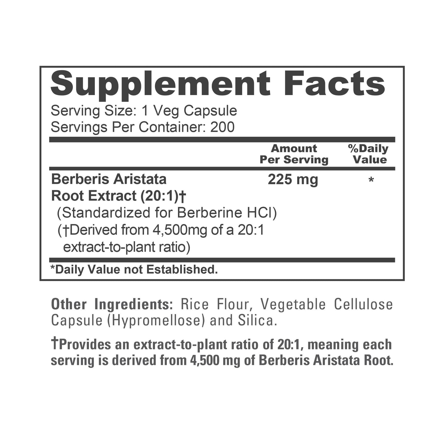 NusaPure Berberine HCI 20:1 Extract, 225 mg Equivalent to 4,500mg - 200 Veggie Caps - (Vegetarian, Non-GMO, Vegan) - Maple Wellness Supplements