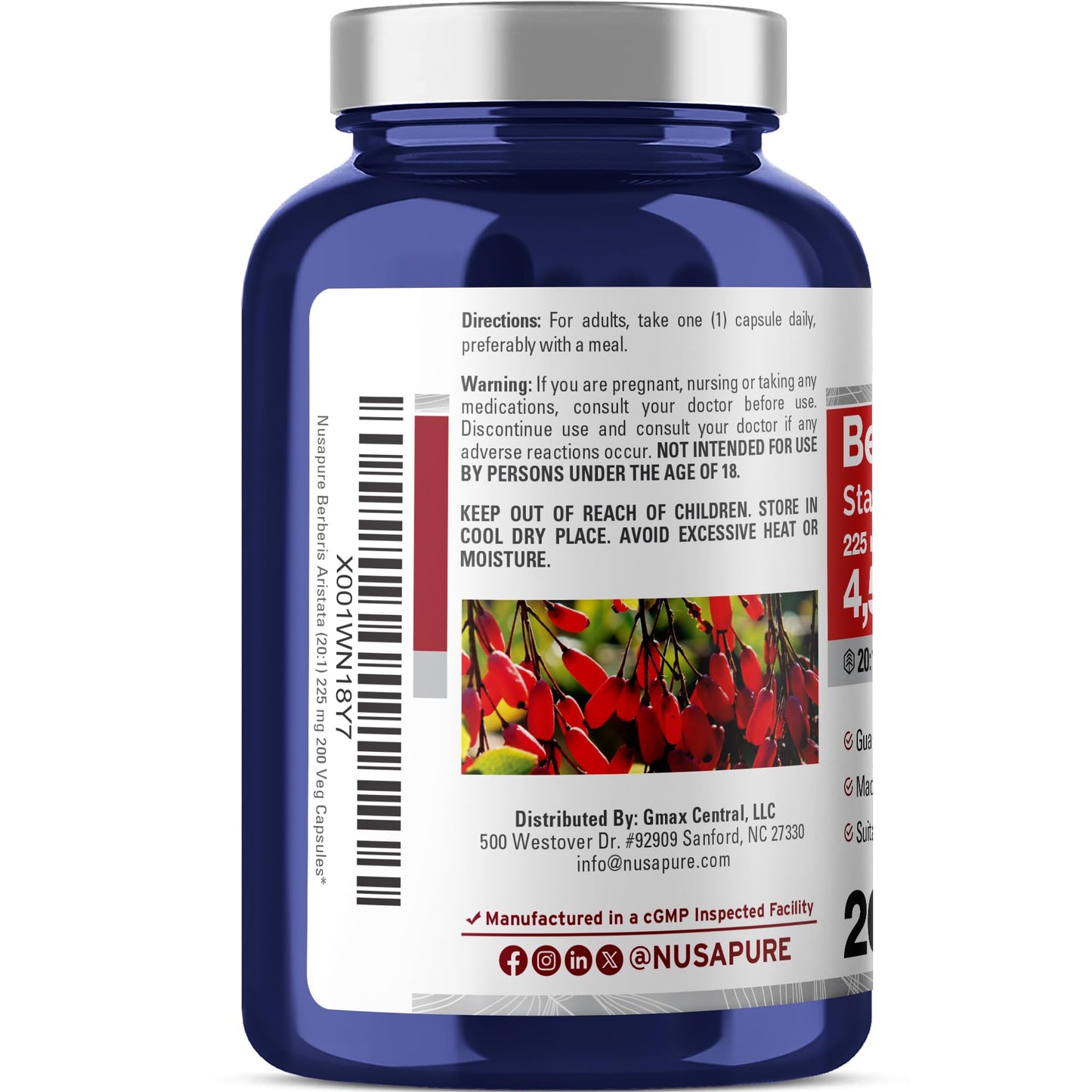 NusaPure Berberine HCI 20:1 Extract, 225 mg Equivalent to 4,500mg - 200 Veggie Caps - (Vegetarian, Non-GMO, Vegan) - Maple Wellness Supplements