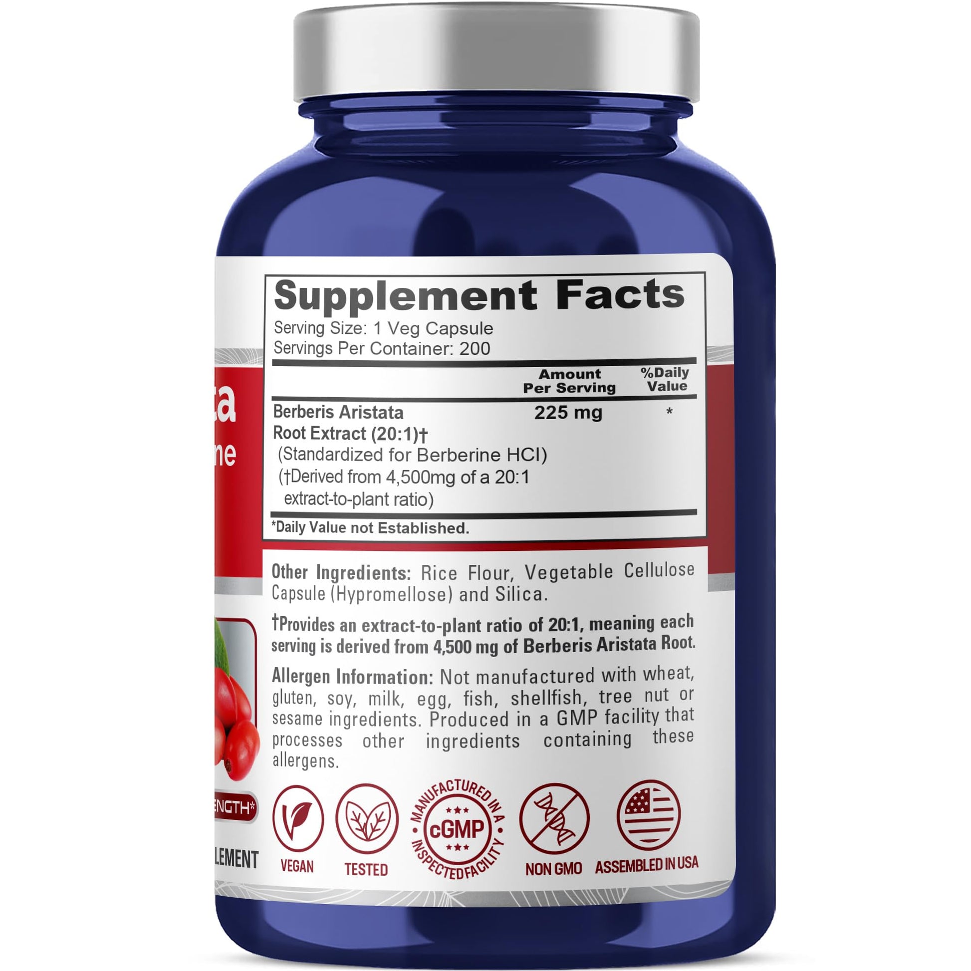 NusaPure Berberine HCI 20:1 Extract, 225 mg Equivalent to 4,500mg - 200 Veggie Caps - (Vegetarian, Non-GMO, Vegan) - Maple Wellness Supplements