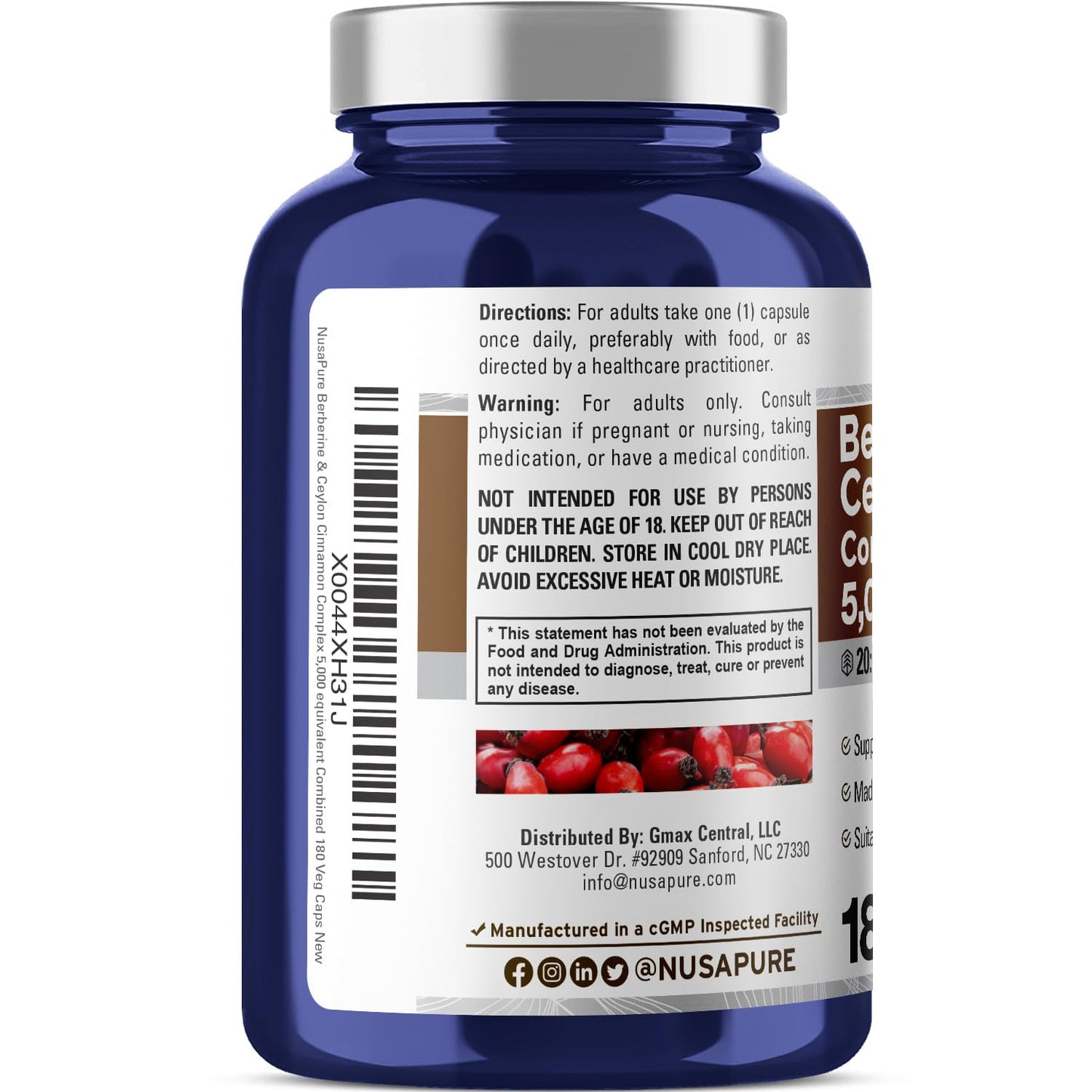 NusaPure Berberine with Ceylon Cinnamon 20:1 Extract, 250 mg Equivalent to 5000mg 180 Veggie Capsules, Vegetarian, Non-GMO Supplement, (Berberine Complex) - Maple Wellness Supplements