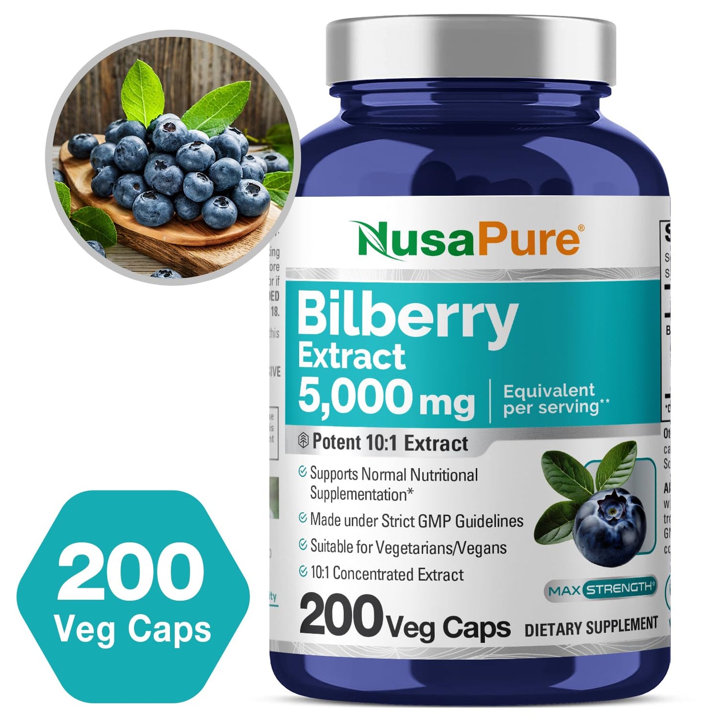NusaPure Bilberry Extract 5,000mg 200 Vegetarian caps (Non-GMO, Vegan) - Maple Wellness Supplements