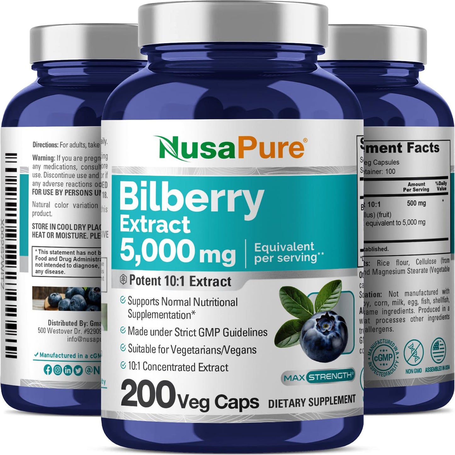 NusaPure Bilberry Extract 5,000mg 200 Vegetarian caps (Non-GMO, Vegan) - Maple Wellness Supplements