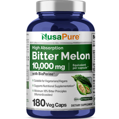 NusaPure Bitter Melon Extract 10,000 mg 180 Vegan Caps (100% Vegetarian, Non-GMO, Gluten-Free, 10% Bitter Principles) Bioperine - Maple Wellness Supplements