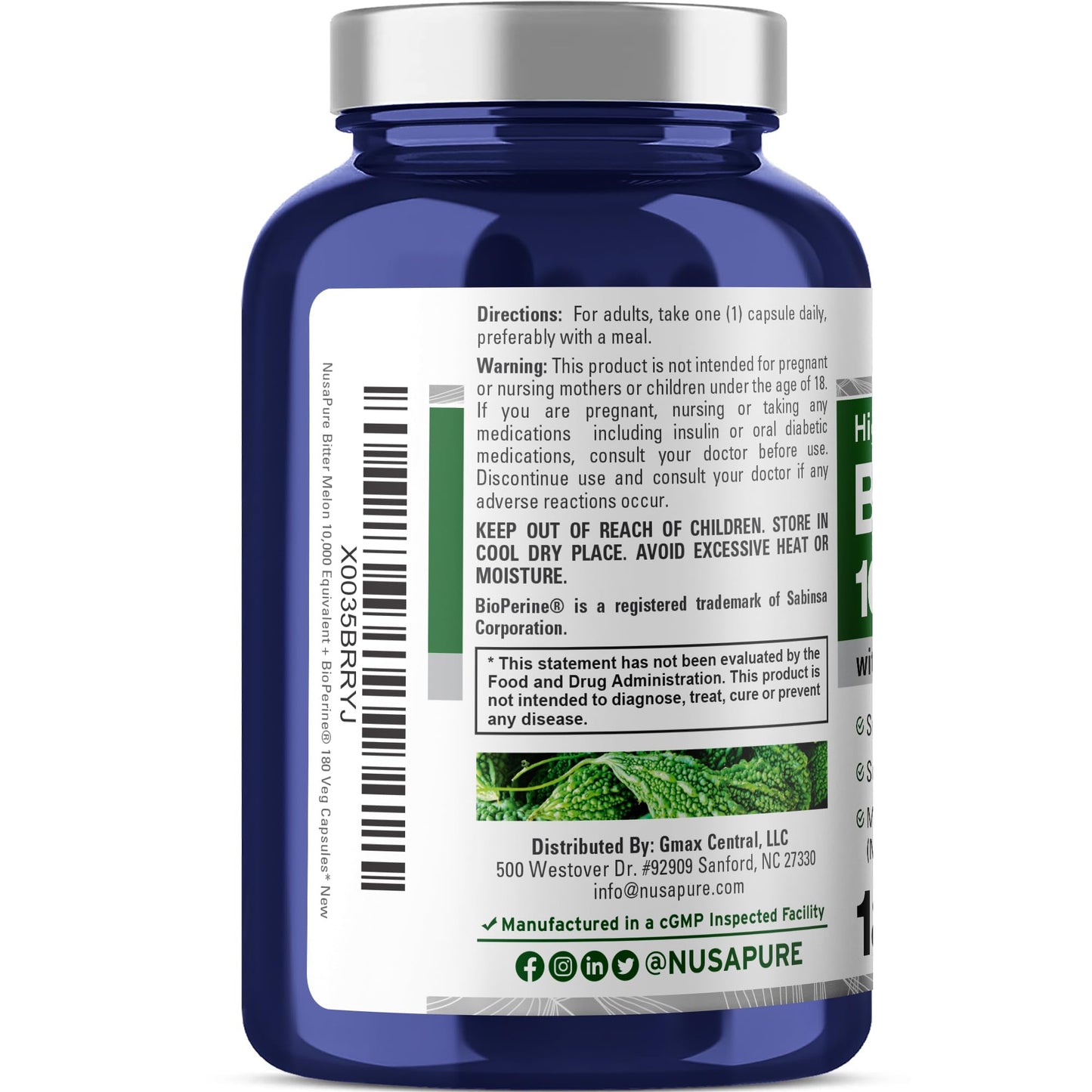 NusaPure Bitter Melon Extract 10,000 mg 180 Vegan Caps (100% Vegetarian, Non-GMO, Gluten-Free, 10% Bitter Principles) Bioperine - Maple Wellness Supplements
