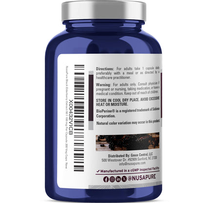 NusaPure Black Elderberry 50:1 Extract, 100 mg Equivalent to 5,000mg per Veggie Capsules, 200 Count (Vegan, Non-GMO, Bioperine) Dietary Supplement - Maple Wellness Supplements