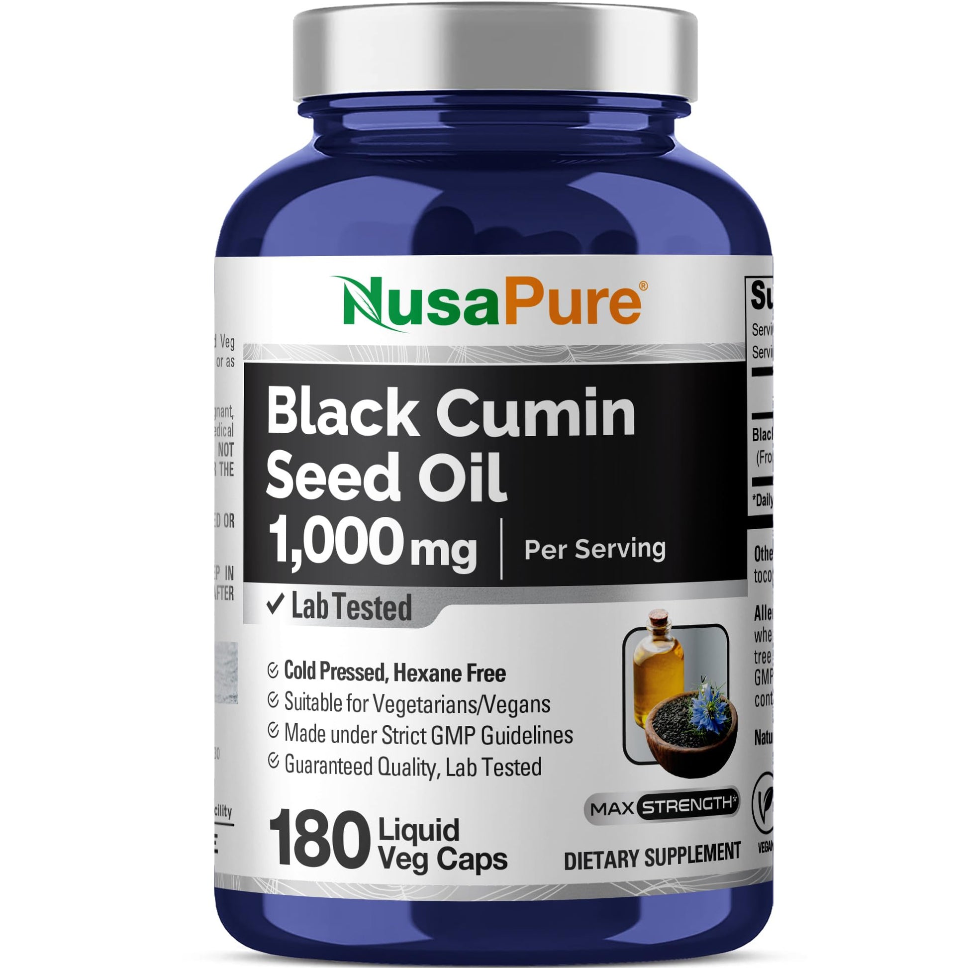 NusaPure Black Seed Oil 1,000 mg per Serving 180 Softgel Capsules (Non-GMO, Vegetarian & Vegan) Cold-Pressed Virgin Nigella Sativa. Hexane Free - Maple Wellness Supplements