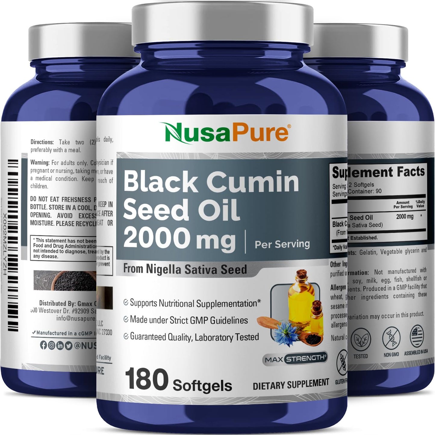 NusaPure Black Seed Oil 2000mg per Serving - 180 Softgel Caps (Non-GMO, Gluten-Free) Cold-Pressed Nigella Sativa - Maple Wellness Supplements