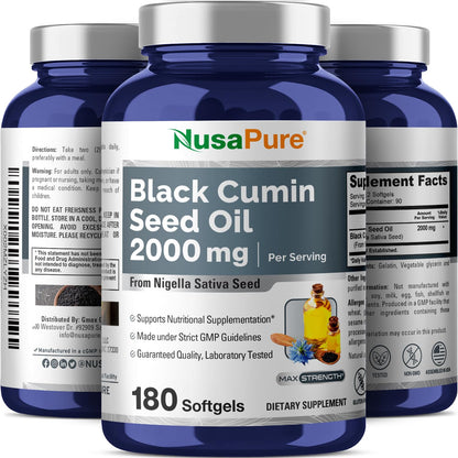 NusaPure Black Seed Oil 2000mg per Serving - 180 Softgel Caps (Non-GMO, Gluten-Free) Cold-Pressed Nigella Sativa - Maple Wellness Supplements