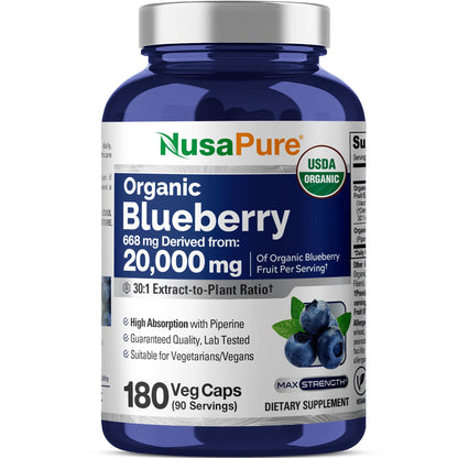 NusaPure Blueberry Concentrate 30:1 Extract, 667 mg Equivalent to 20,000 mg 180 Veg Caps Suitable for Vegetarian, Vegan, Non-GMO - Maple Wellness Supplements