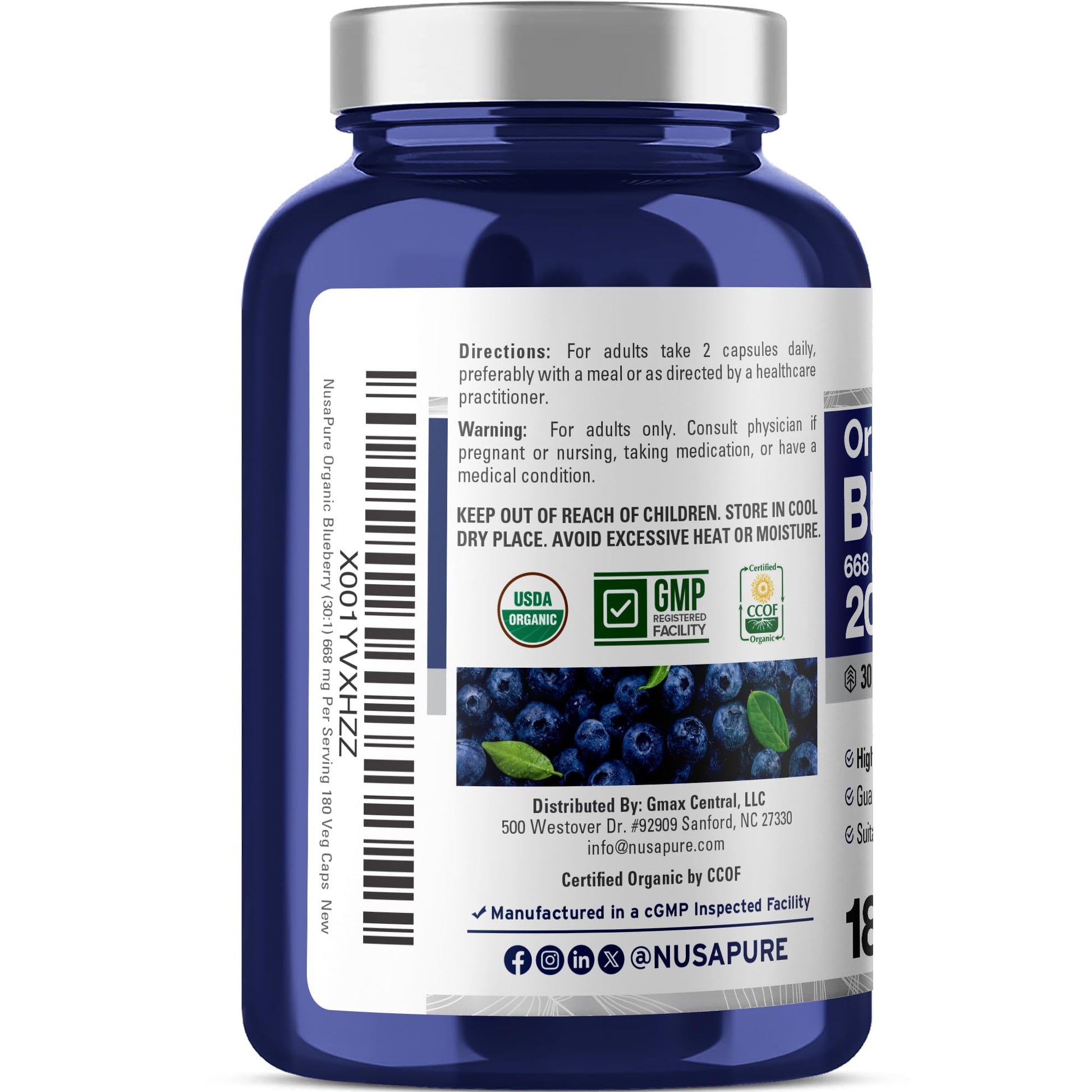 NusaPure Blueberry Concentrate 30:1 Extract, 667 mg Equivalent to 20,000 mg 180 Veg Caps Suitable for Vegetarian, Vegan, Non-GMO - Maple Wellness Supplements
