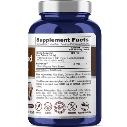 NusaPure Brown Seaweed 30:1 Extract, 200 mg Equivalent to 6,000 mg 200 Veggie Capsules - (Vegan, Non-GMO Bioperine) - Maple Wellness Supplements