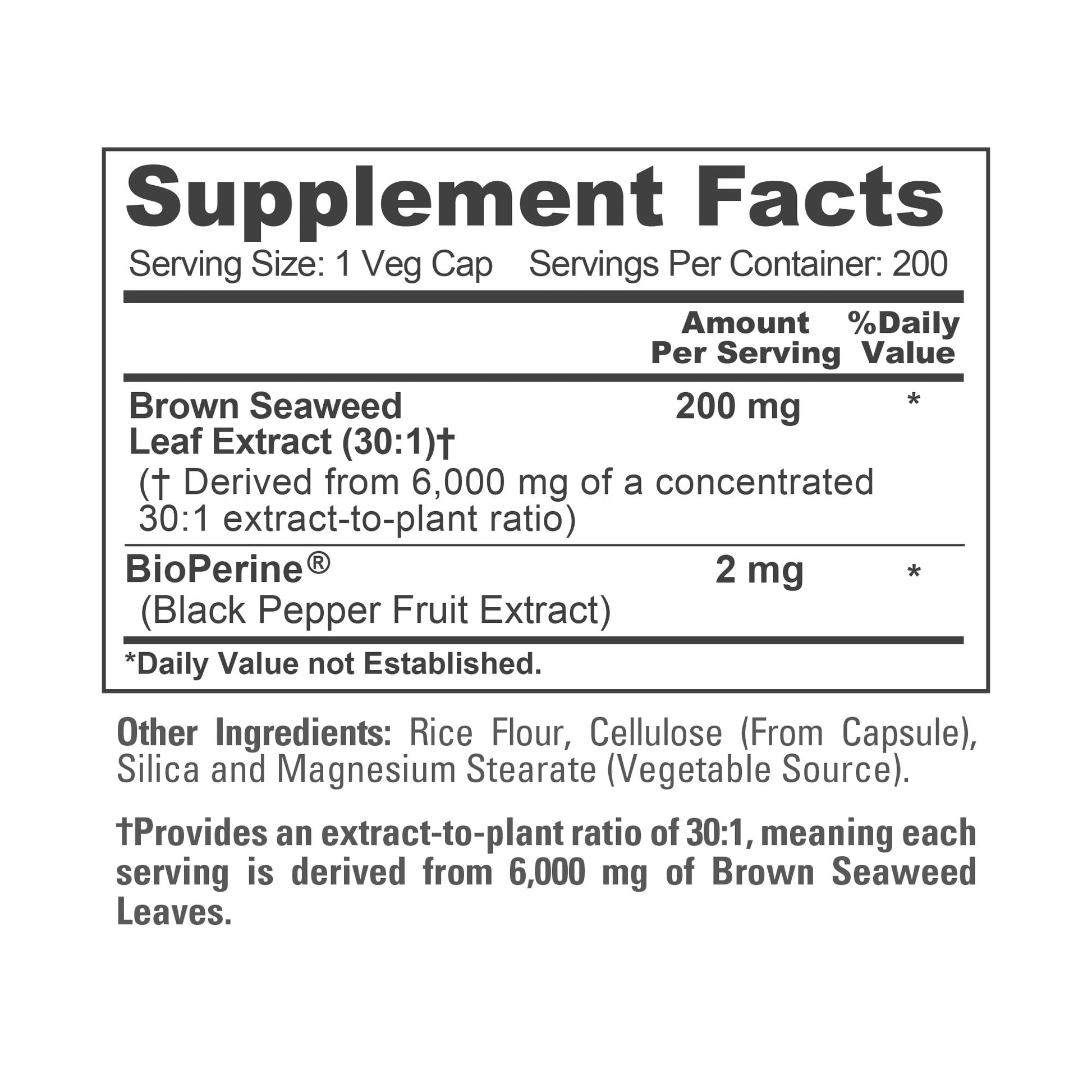NusaPure Brown Seaweed 30:1 Extract, 200 mg Equivalent to 6,000 mg 200 Veggie Capsules - (Vegan, Non-GMO Bioperine) - Maple Wellness Supplements