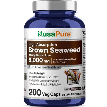 NusaPure Brown Seaweed 30:1 Extract, 200 mg Equivalent to 6,000 mg 200 Veggie Capsules - (Vegan, Non-GMO Bioperine) - Maple Wellness Supplements