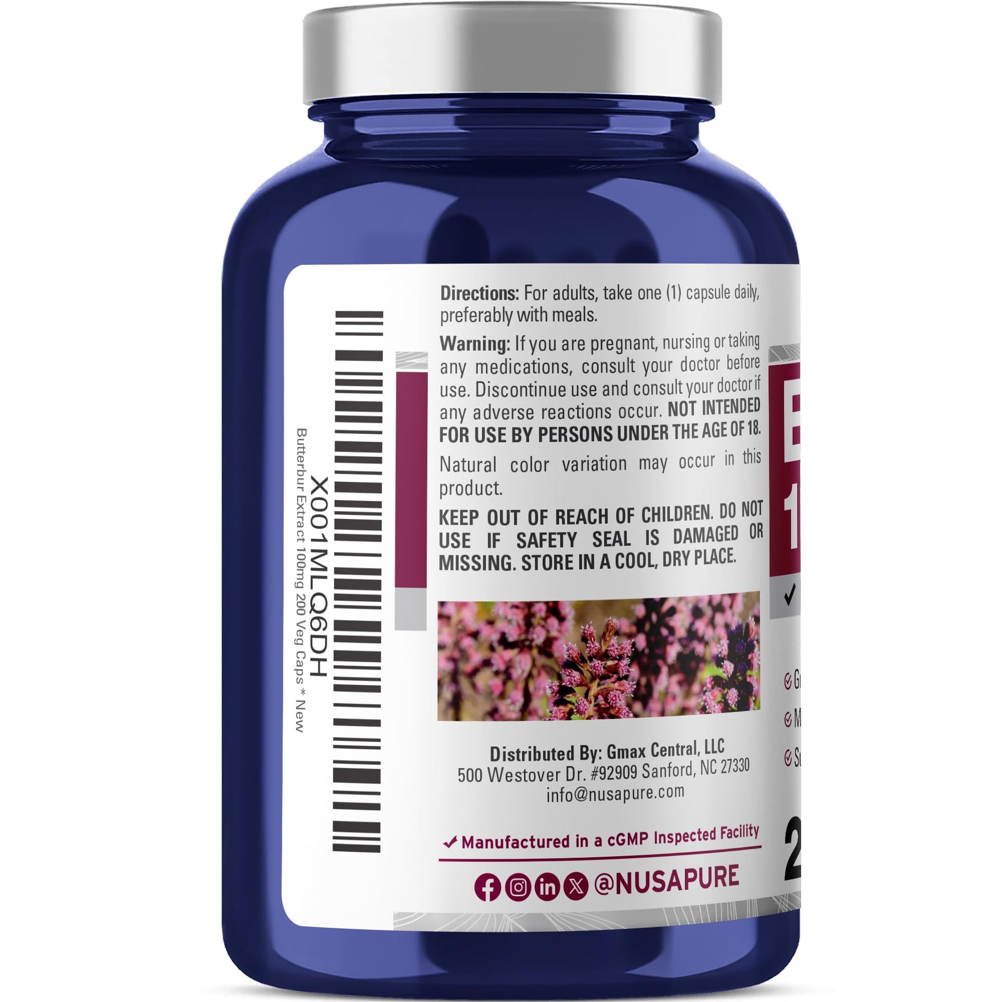 NusaPure Butterbur Extract 100mg per caps 200 Veggie Capsules (Non-GMO, Vegetarian, Vegan) - Maple Wellness Supplements